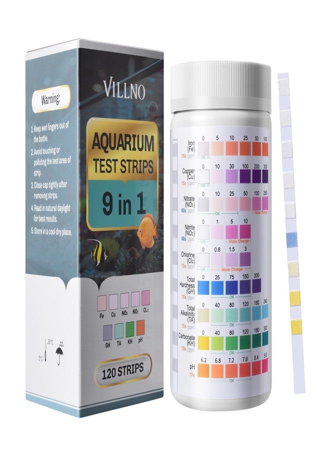 مجموعة اختبار مياه أحواض السمك VILLNO 9 في 1، 120 شريط اختبار لأحواض الأسماك، مناسبة للمياه العذبة والمالحة والبرك، لاختبار: الحديد، النحاس، النترات، النتريت، الكلور، عسر الماء الكلي، القلوية، الكربونات، ودرجة الحموضة. - Image 1